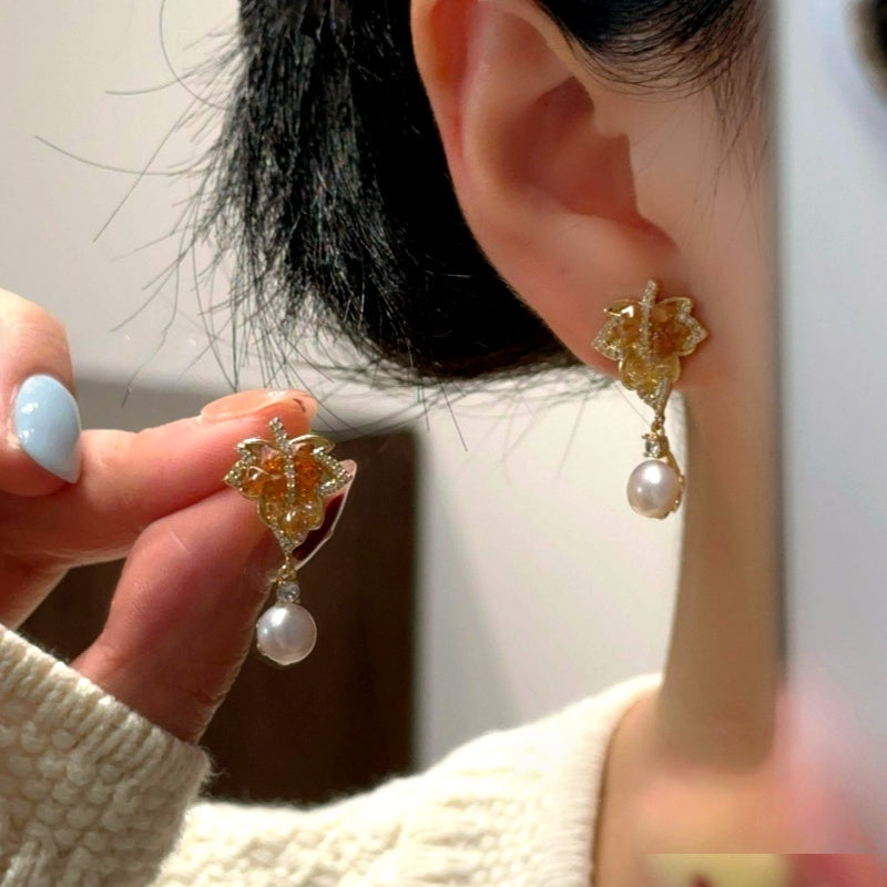 14K Gold-Plated Zircon Maple Earrings