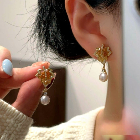 14K Gold-Plated Zircon Maple Earrings