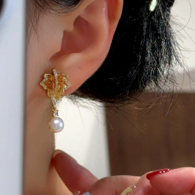 14K Gold-Plated Zircon Maple Earrings
