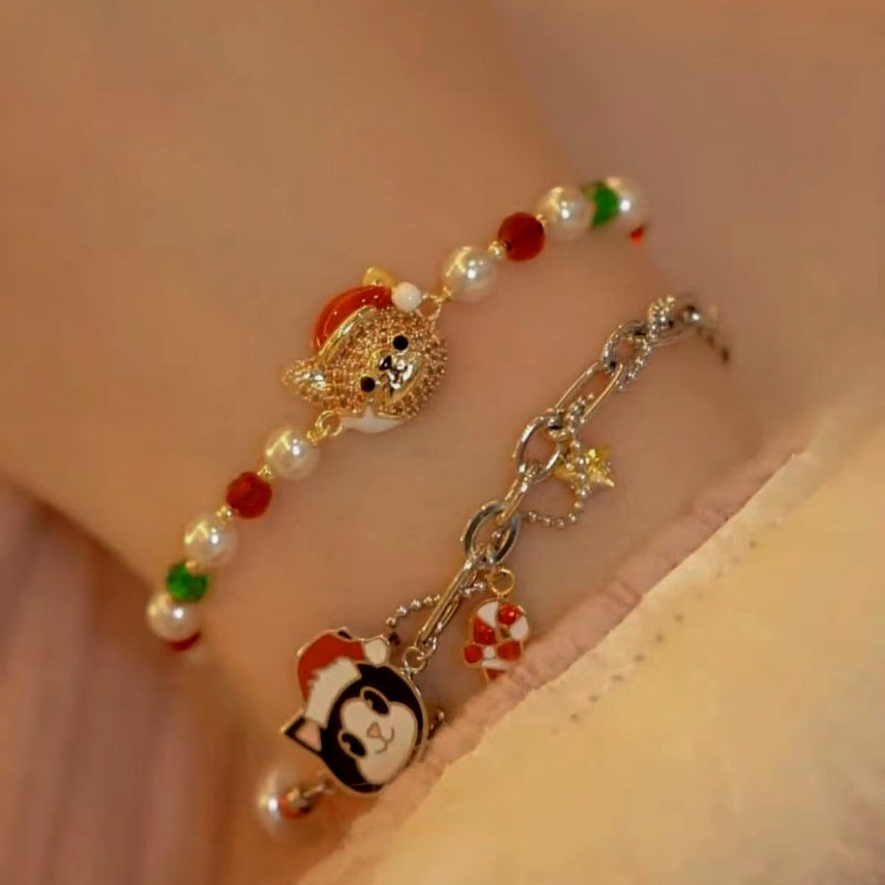 14K Gold-plated Christmas Cat Colored Beaded Bracelets