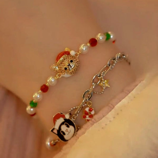 14K Gold-plated Christmas Cat Colored Beaded Bracelets