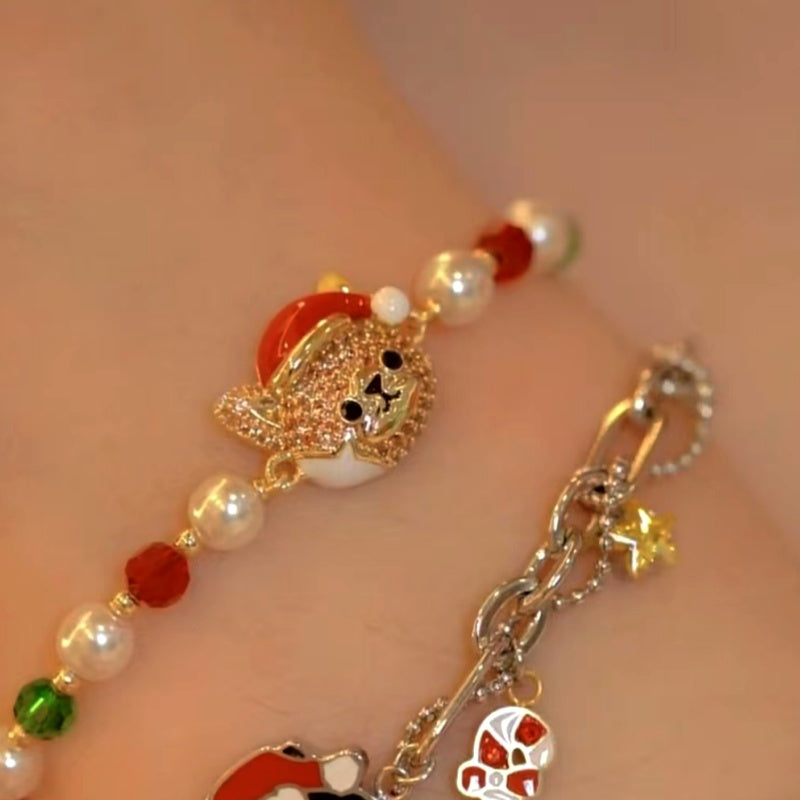14K Gold-plated Christmas Cat Colored Beaded Bracelets