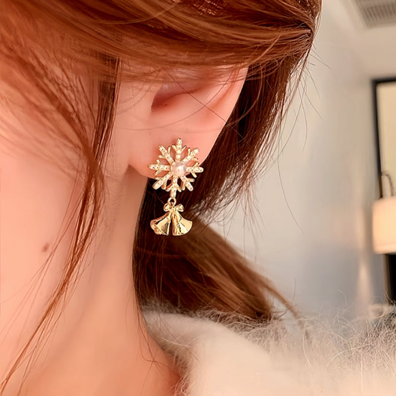14K Gold-plated Christmas Diamond Snowflake Bell Earrings