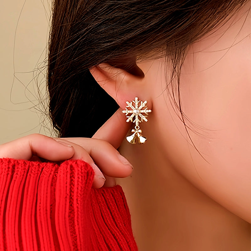 14K Gold-plated Christmas Diamond Snowflake Bell Earrings