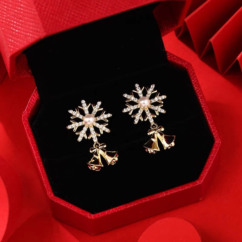 14K Gold-plated Christmas Diamond Snowflake Bell Earrings