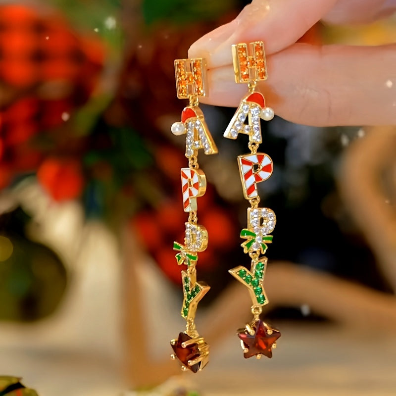 14K Gold-plated Happy Christmas Diamond Zircon Letter Tassel Earrings
