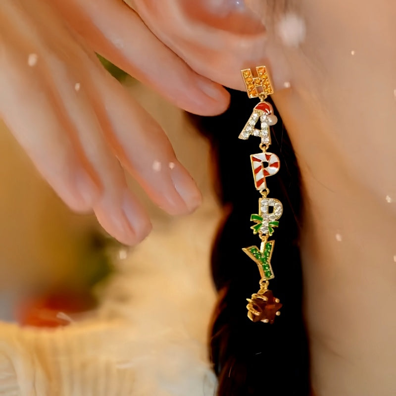 14K Gold-plated Happy Christmas Diamond Zircon Letter Tassel Earrings