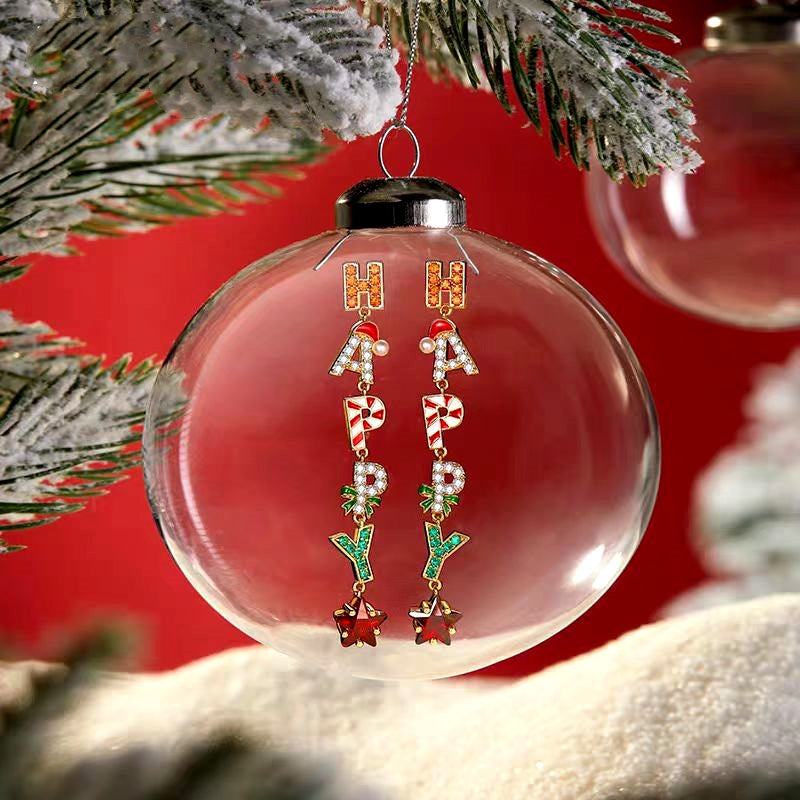 14K Gold-plated Happy Christmas Diamond Zircon Letter Tassel Earrings