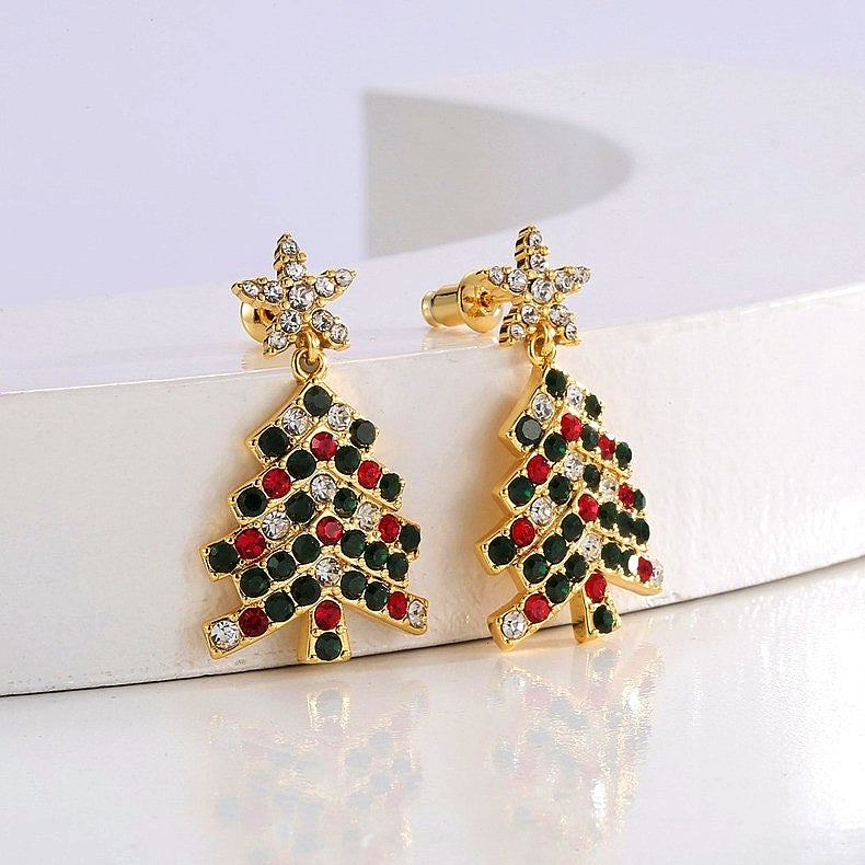 14K Gold-plated Star Daimond Christmas Tree Earrings