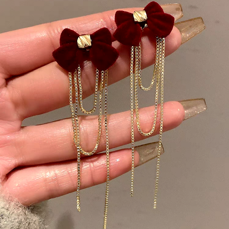 14K Gold Plated Christmas Bow Tassel Earrings