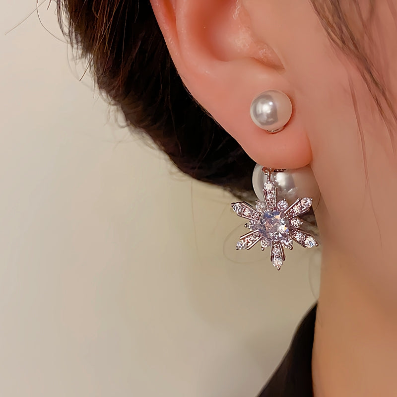 14K Gold Plated Christmas Pearl Snowflake Earrings