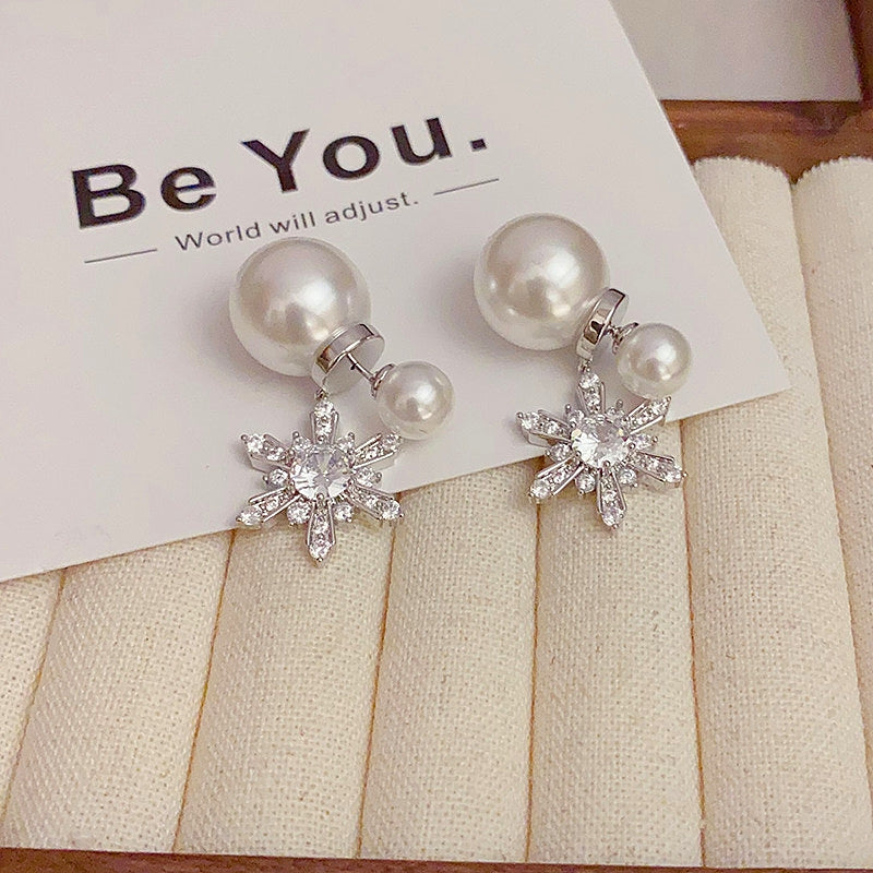 14K Gold Plated Christmas Pearl Snowflake Earrings