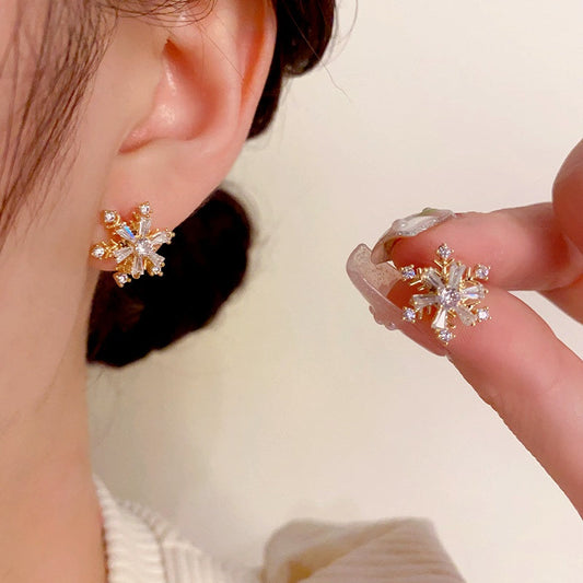 14K Gold Plated Christmas Rotation Snowflake Stud Earrings