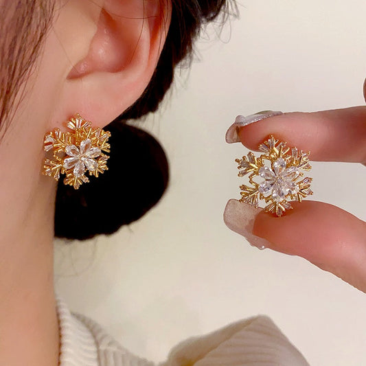 14K Gold Plated Christmas Zircon Rotation Snowflake Stud Earrings