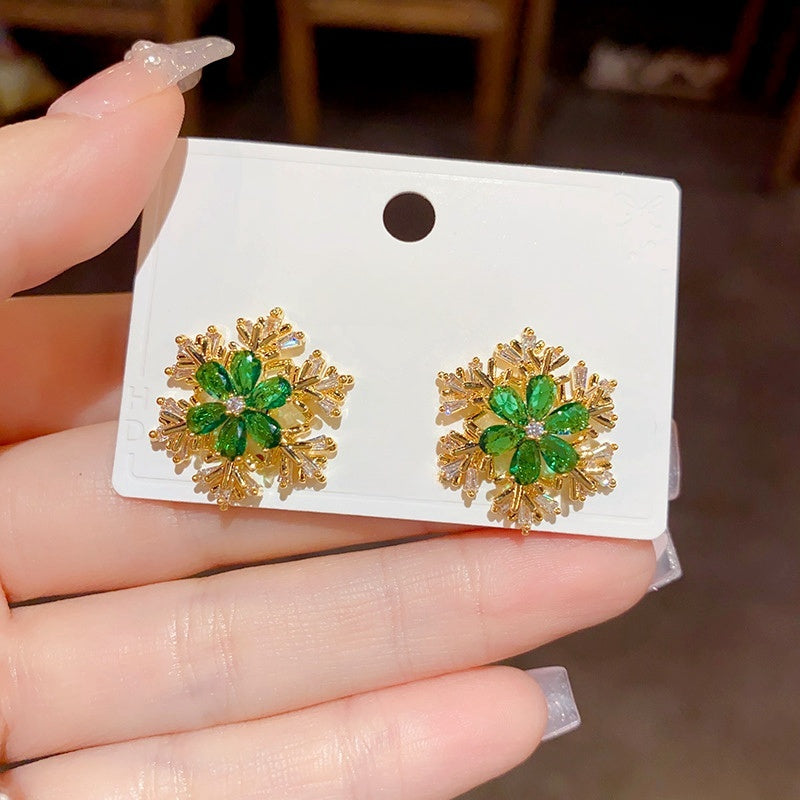 14K Gold Plated Christmas Zircon Rotation Snowflake Stud Earrings