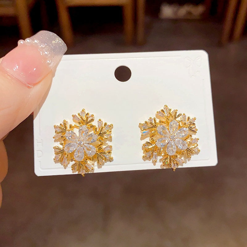 14K Gold Plated Christmas Zircon Rotation Snowflake Stud Earrings