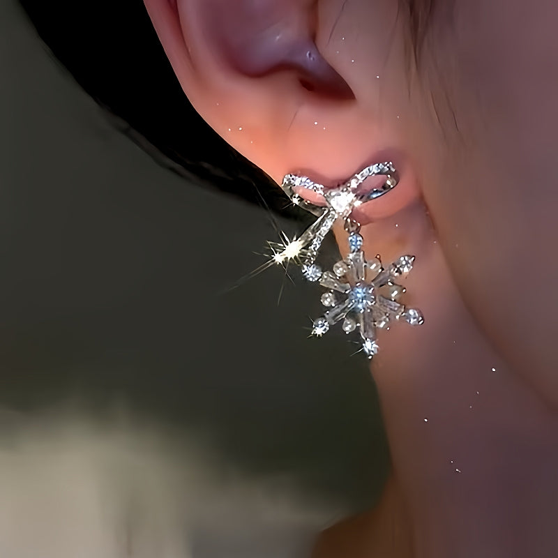 14K Gold Plated Christmas Zircon Snowflake Bow Earrings