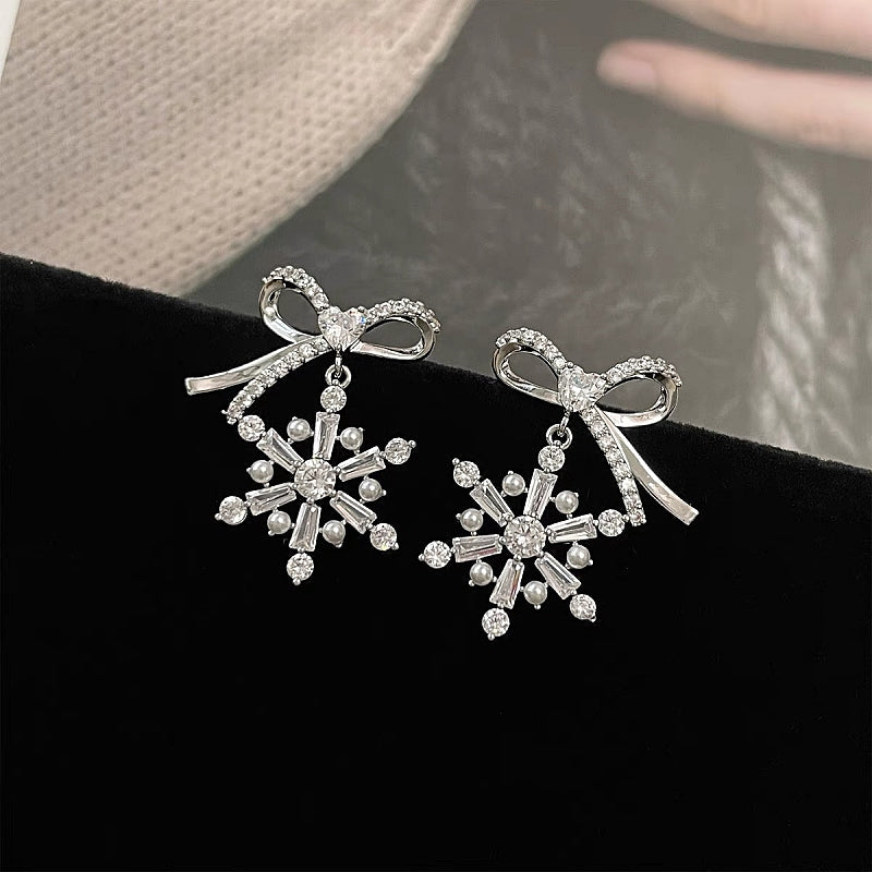 14K Gold Plated Christmas Zircon Snowflake Bow Earrings