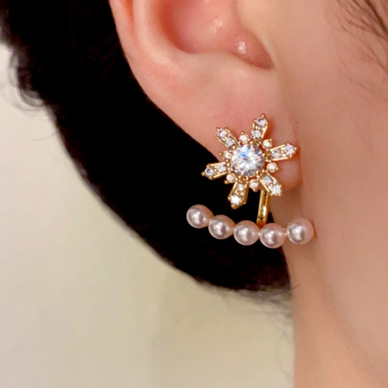 14K Gold Plated Christmas Zircon Snowflake Pearl Two-Piece Earrings