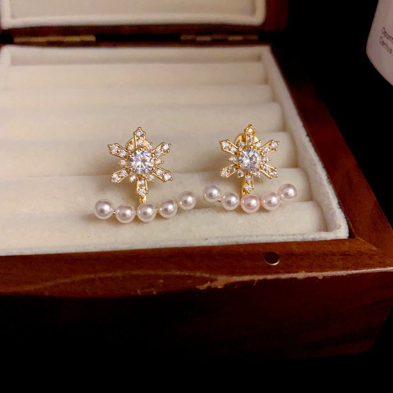 14K Gold Plated Christmas Zircon Snowflake Pearl Two-Piece Earrings