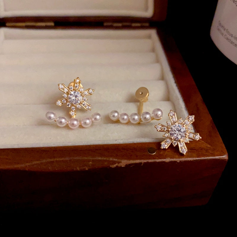 14K Gold Plated Christmas Zircon Snowflake Pearl Two-Piece Earrings