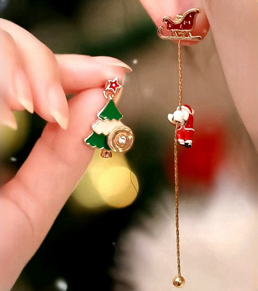 14K Gold Plated New 2025 Christmas Asymmetrical Rotating Snowflake Christmas Tree Earrings