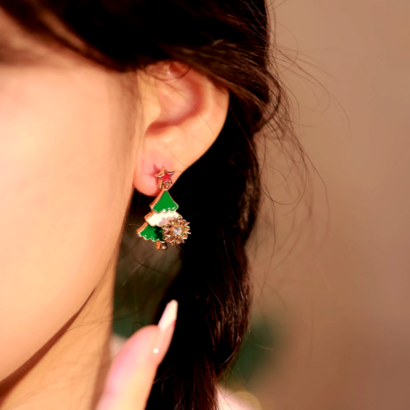 14K Gold Plated New 2025 Christmas Asymmetrical Rotating Snowflake Christmas Tree Earrings