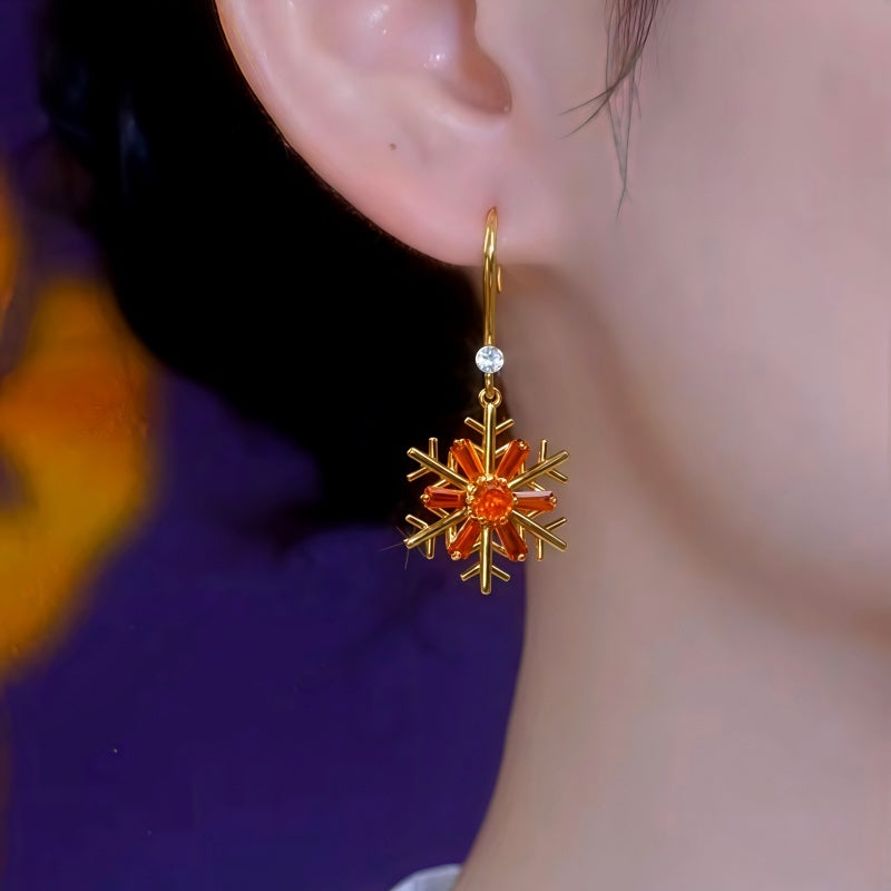 14K Gold-Plated Zircon Diamond Christmas Snowflake Ear Hook Earrings
