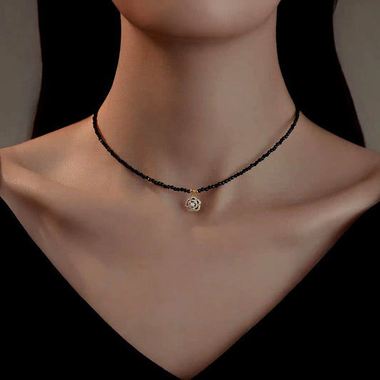 Black Crystal Camellia Pendant Necklace