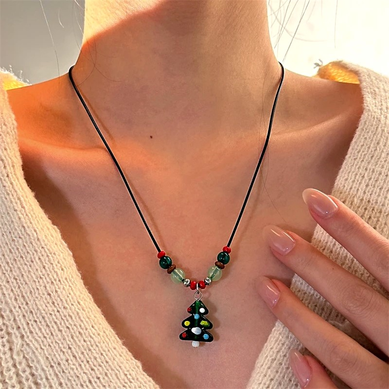 Christmas Gingerbread Man Christmas Tree Socks Leather Rope Sweater Necklace