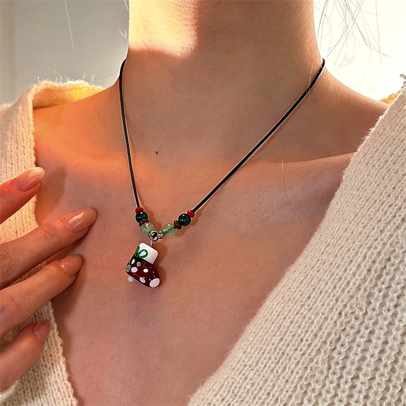 Christmas Gingerbread Man Christmas Tree Socks Leather Rope Sweater Necklace