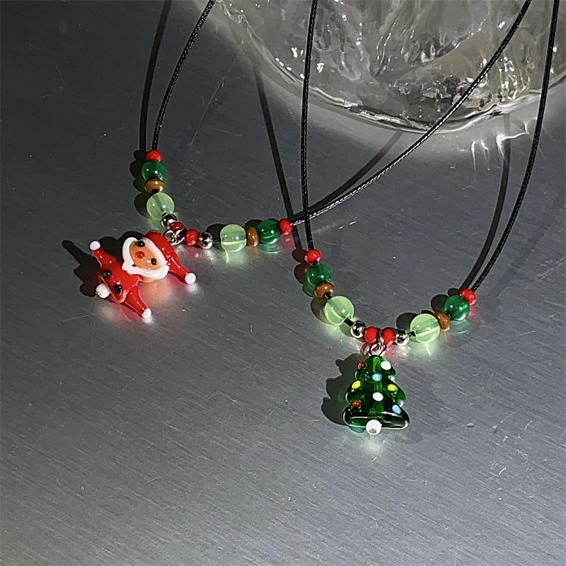Christmas Gingerbread Man Christmas Tree Socks Leather Rope Sweater Necklace