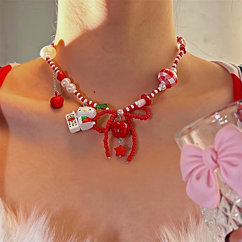 Christmas Red Bow Beaded Kt Cat Necklace
