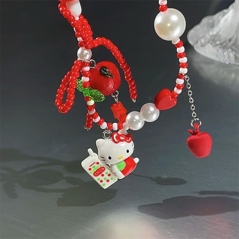 Christmas Red Bow Beaded Kt Cat Necklace