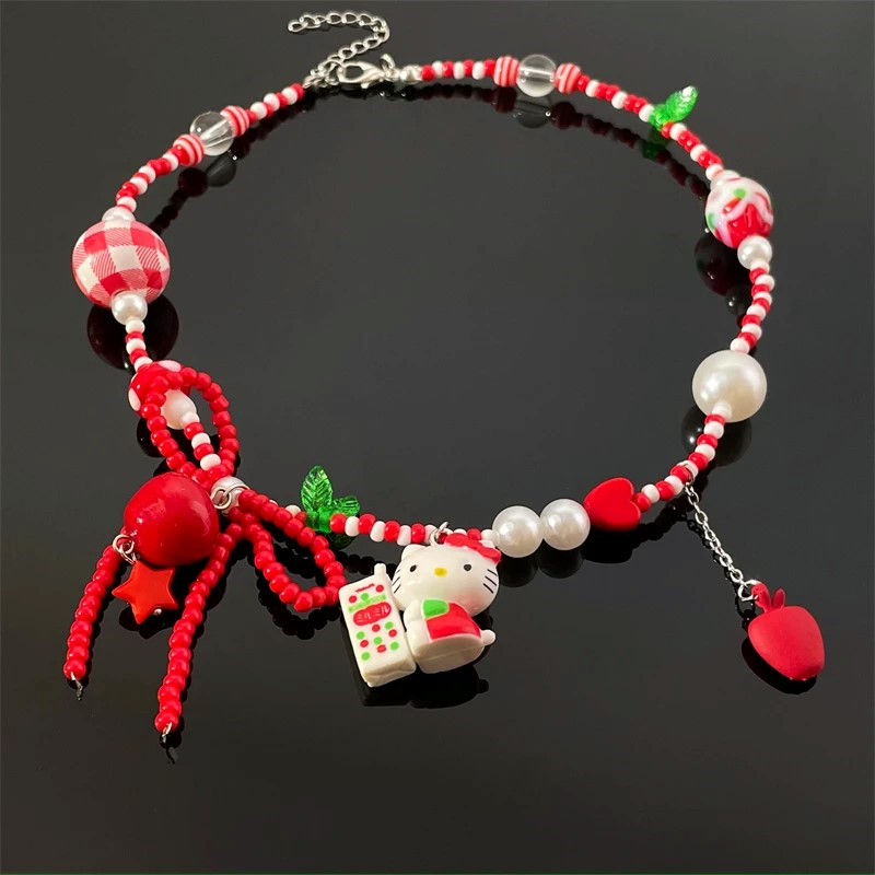 Christmas Red Bow Beaded Kt Cat Necklace