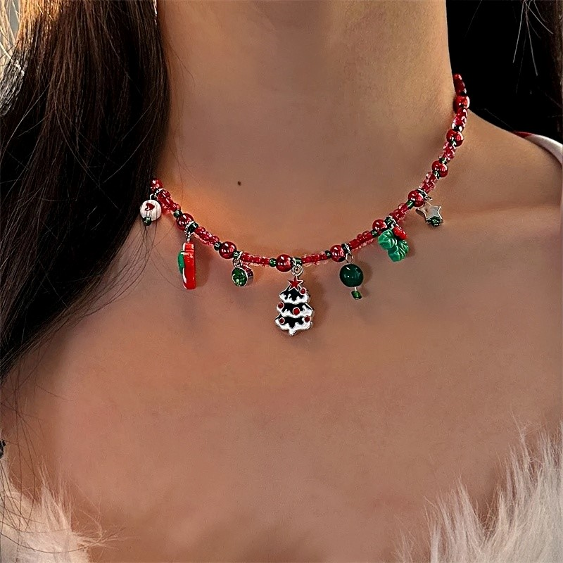 Christmas Tree Red Beaded Small Accessory Necklace