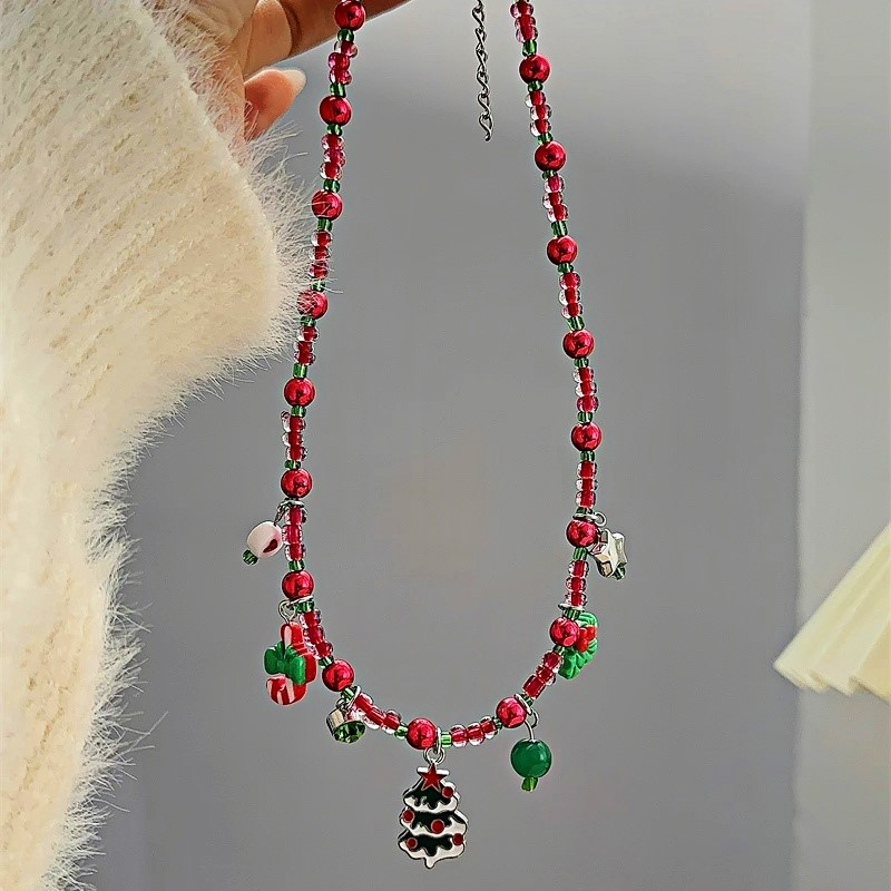 Christmas Tree Red Beaded Small Accessory Necklace