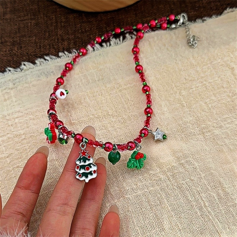 Christmas Tree Red Beaded Small Accessory Necklace