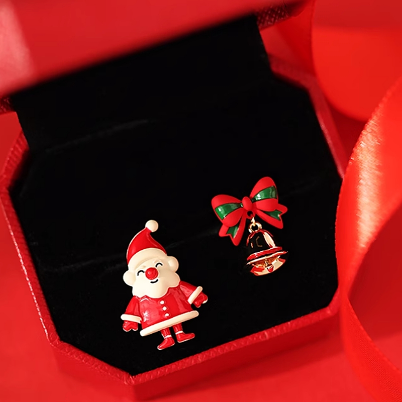Silver Post Christmas Asymmetrical Santa Claus Bell Earrings