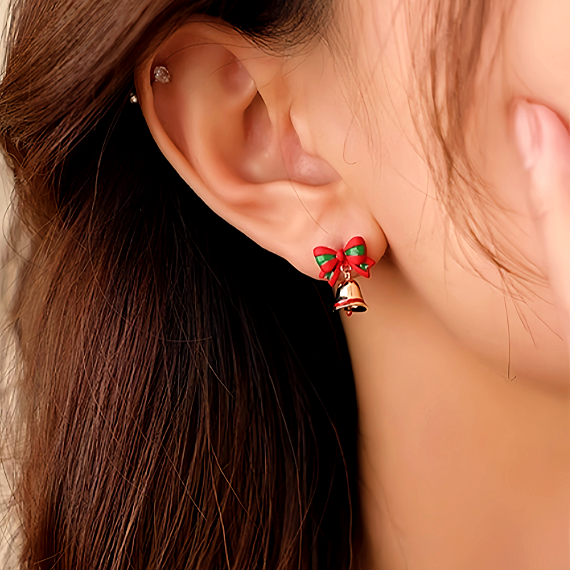 Silver Post Christmas Asymmetrical Santa Claus Bell Earrings