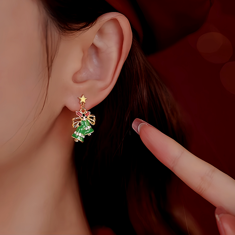 Silver Post Christmas Bow Bell Earrings