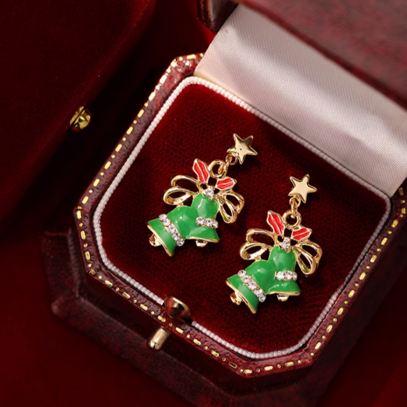 Silver Post Christmas Bow Bell Earrings