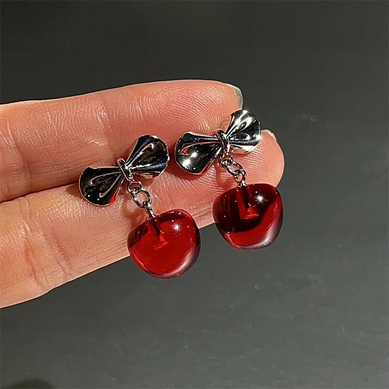 Silver Post Christmas Bow Cherry Earrings