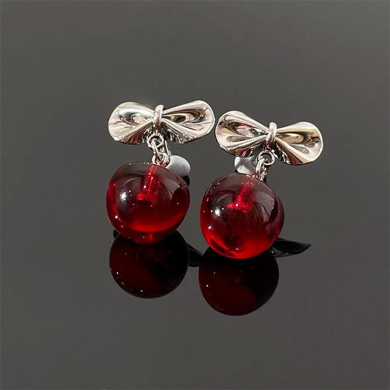 Silver Post Christmas Bow Cherry Earrings