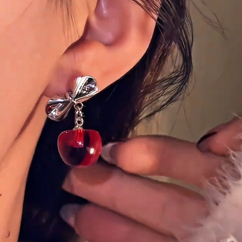 Silver Post Christmas Bow Cherry Earrings