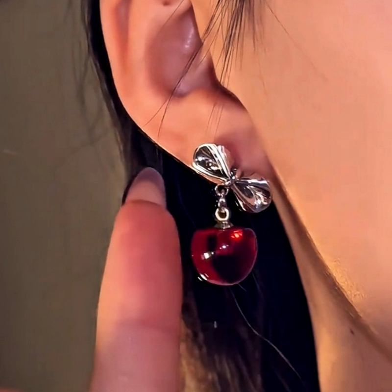 Silver Post Christmas Bow Cherry Earrings