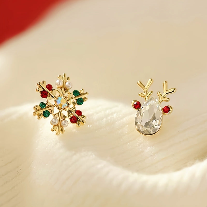 Silver Post Christmas Crystal Elk Snowflake Earrings