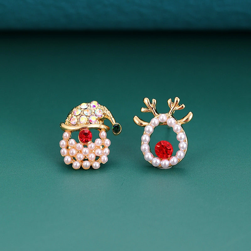 Silver Post Christmas Crystal Santa Claus Elk Earrings