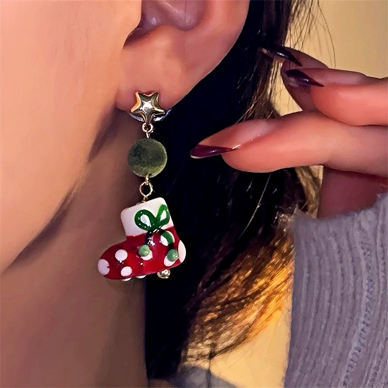 Silver Post Christmas Green Wool Ball Sock Earrings