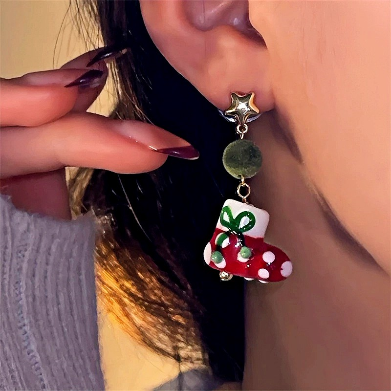 Silver Post Christmas Green Wool Ball Sock Earrings